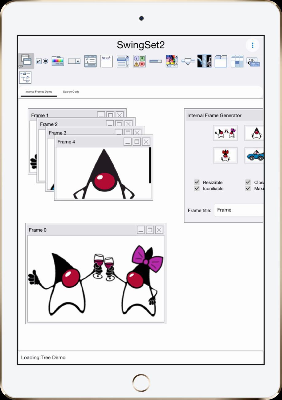 SwingSet2 running as a Codename One app on an iPad