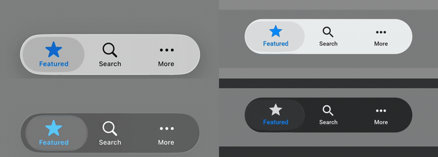 Native iOS 26 and Codename One tab states, in light and dark themes